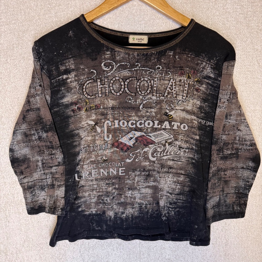 Cactus Y2K Chocolat Rhinestone Graphic Top Women's Large 3/4 Sleeve Grunge